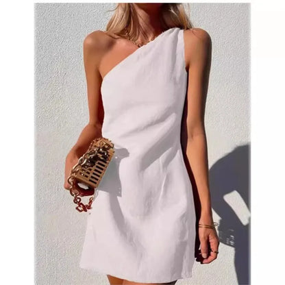 Summer Sexy Women Fashion Solid Mini Dress One-shoulder Asymmetric Diagonal Collar Cotton And Linen Casual Loose Elegant Dress