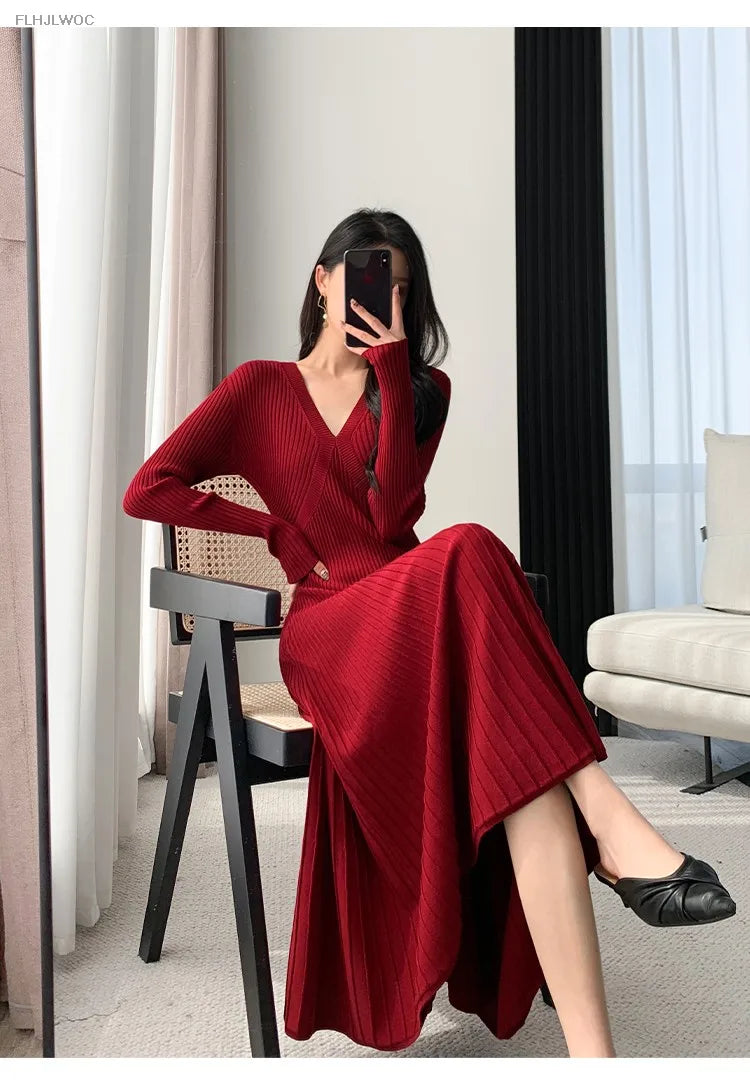 Inverno primavera abbigliamento di base donna capodanno rosso stile francese Design Slim Fit una linea scollo A V maglione lavorato A maglia abito lungo Maxi abiti