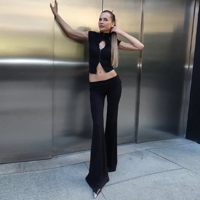 y2k Abito nero con spacco scavato Moda donna Manica corta Solido Collo alto Slim Fit Maxi abiti Lady Evening Party Club Robe