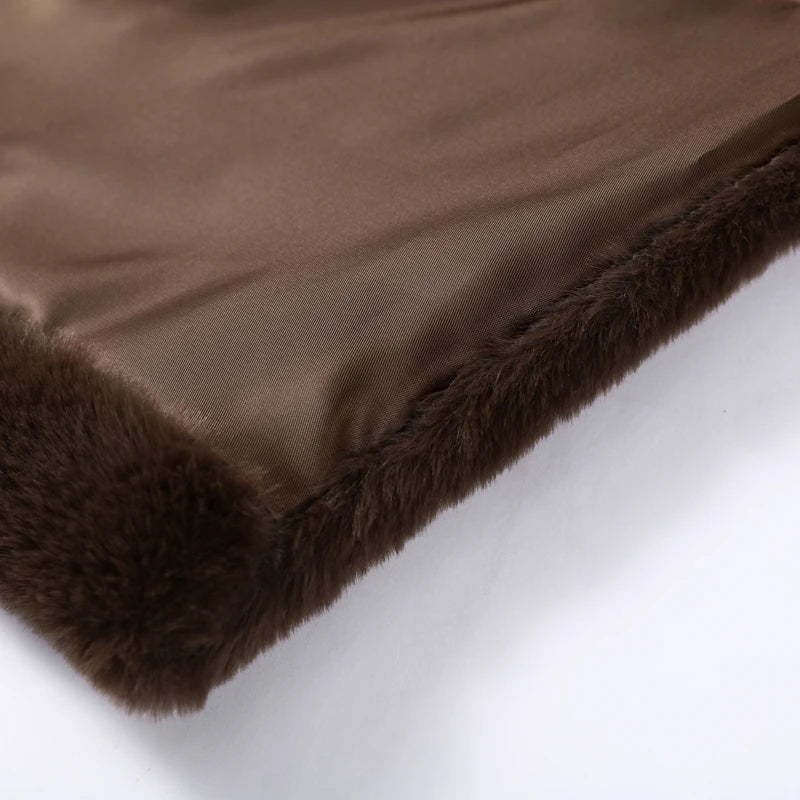 Cappotto da donna in pelliccia sintetica marrone con cappuccio Giacca da tasca a maniche lunghe di lusso oversize Lady 2025 Autunno Inverno Chic Street Capispalla