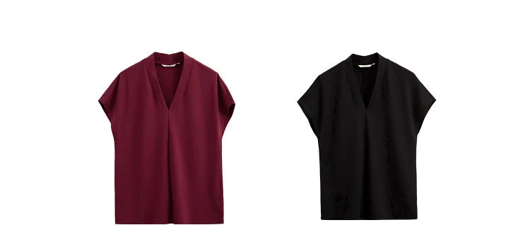 AMII Minimalism 2026 T-shirt Estiva da Donna Stile Classico Casual Scollo a V Manica Corta Tinta Unita Elasticizzata Top e Magliette Femminili 12312013