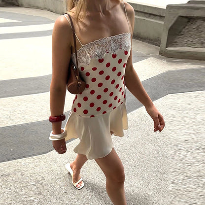 Abito Elegante Estivo 2026 da Donna con Stampa a Pois e Inserti in Pizzo, Vestito da Spiaggia Senza Maniche con Schiena Scoperta in Raso e Spalline Sottili
