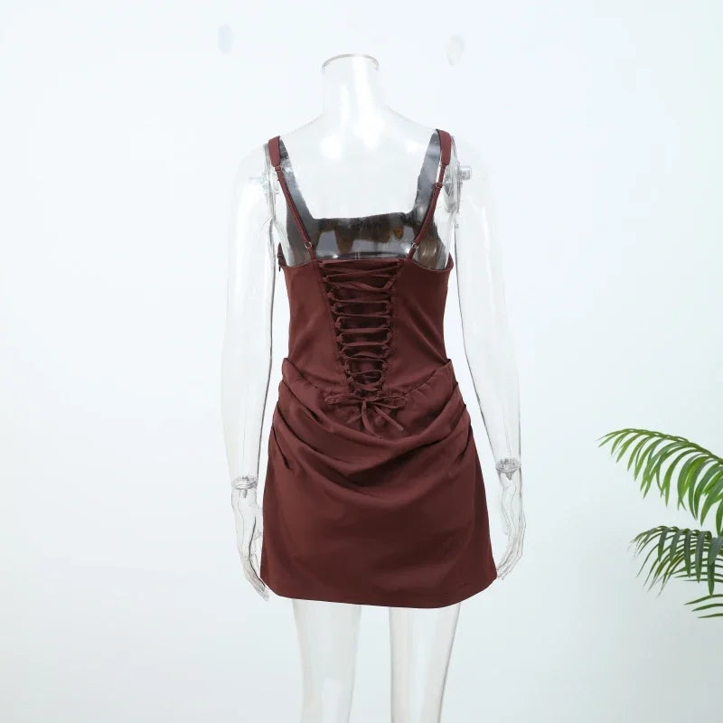 Abito mini fionda con orlo a pieghe Bown Donna Elegante scollo a U senza maniche Fasciatura senza schienale Abiti slim 2025 Abito estivo da donna