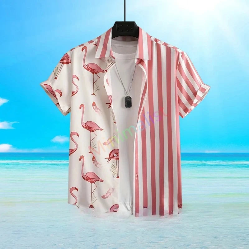 2025 Camicia con stampa foglia e fenicottero per uomo Camicia hawaiana Casual Beach Manica corta Moda Top Camicetta maschile Abbigliamento estivo