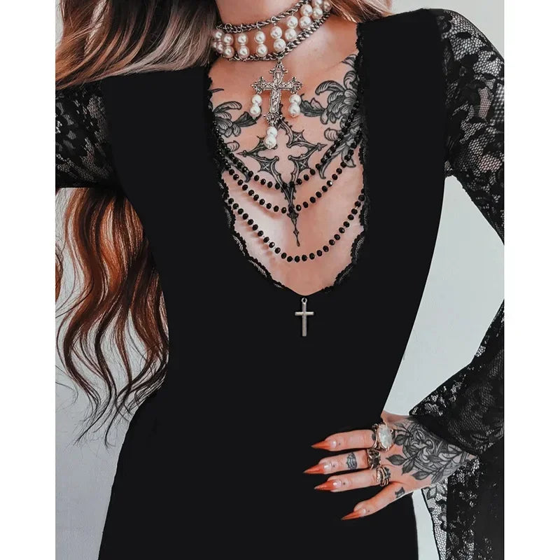 Y2K Goth floreale pizzo maglia manica svasata aderente abiti da festa sexy vintage elegante velluto nero con scollo a V abito lungo partywear
