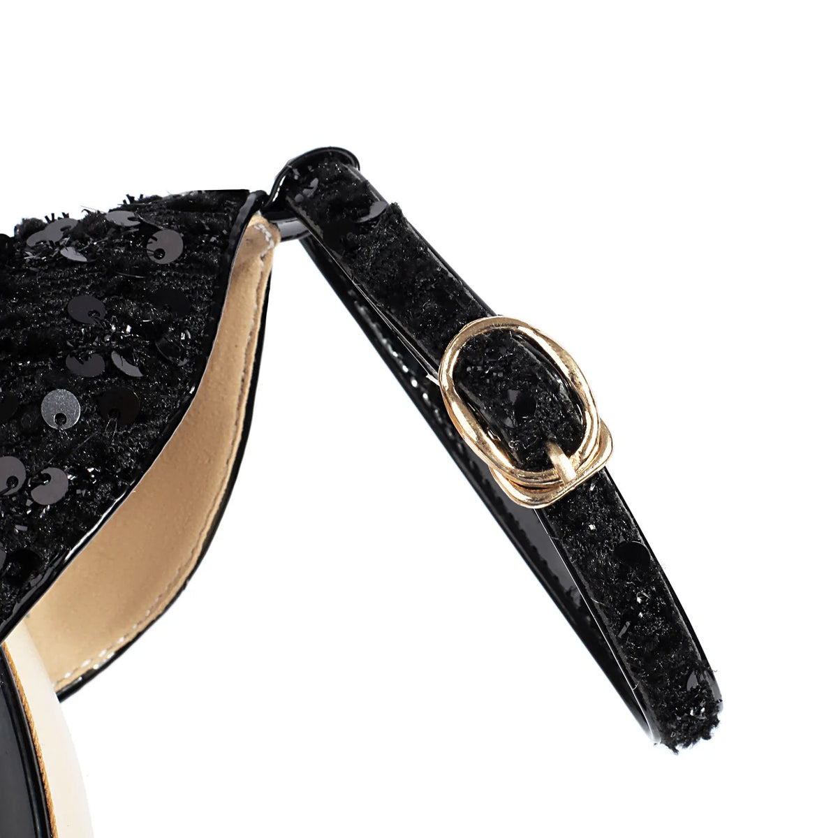 Sandali a punta neri con cinturino alla caviglia sexy per le donne Piattaforma estiva 15CM Scarpe eleganti da festa con paillettes lucide Tacchi alti vuoti laterali neri