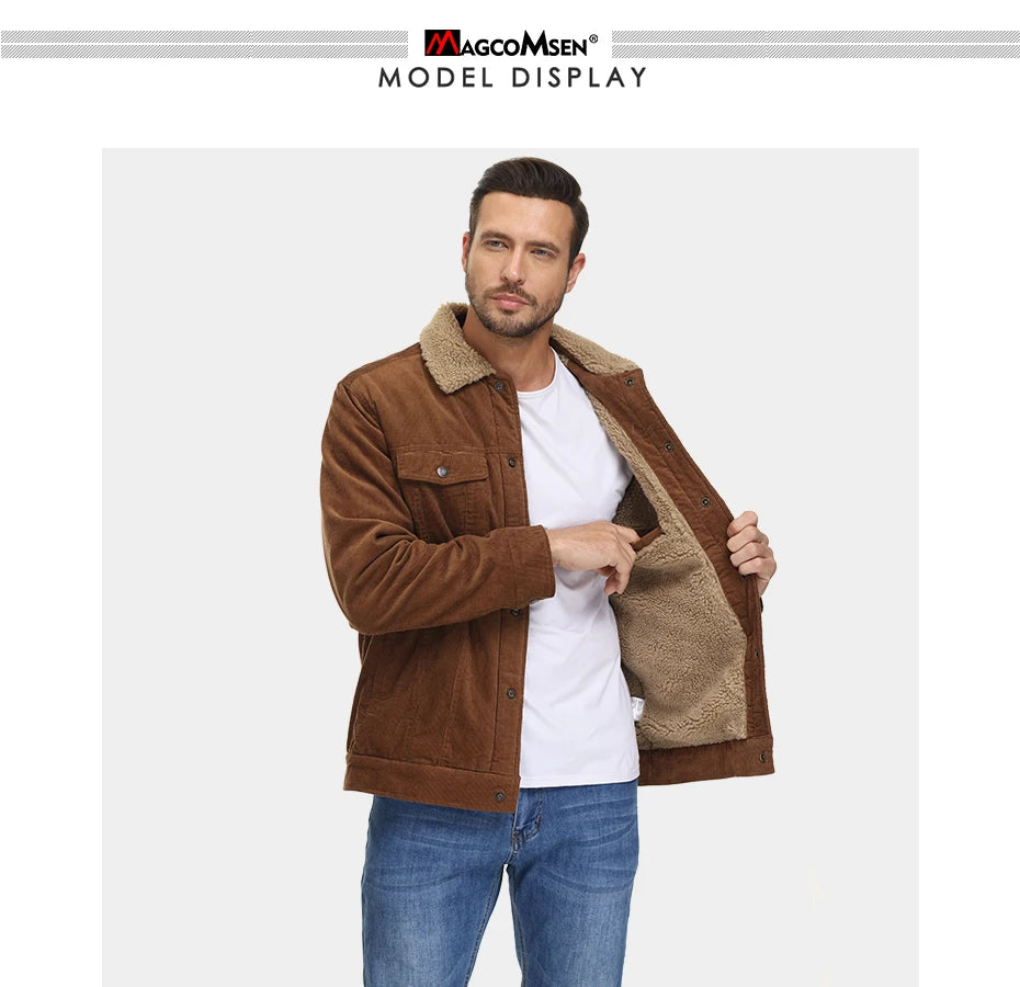MAGCOMSEN Giacche di velluto a coste da uomo Giacca a vento in pile Sherpa vintage Cappotti invernali spessi e caldi Giacca di jeans casual multitasche
