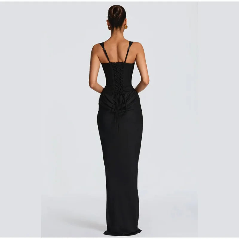 Elegante abito a pieghe con fionda Donna Collo quadrato senza maniche con spalle scoperte Vita stretta Abiti solidi 2025 Abiti da sera da donna