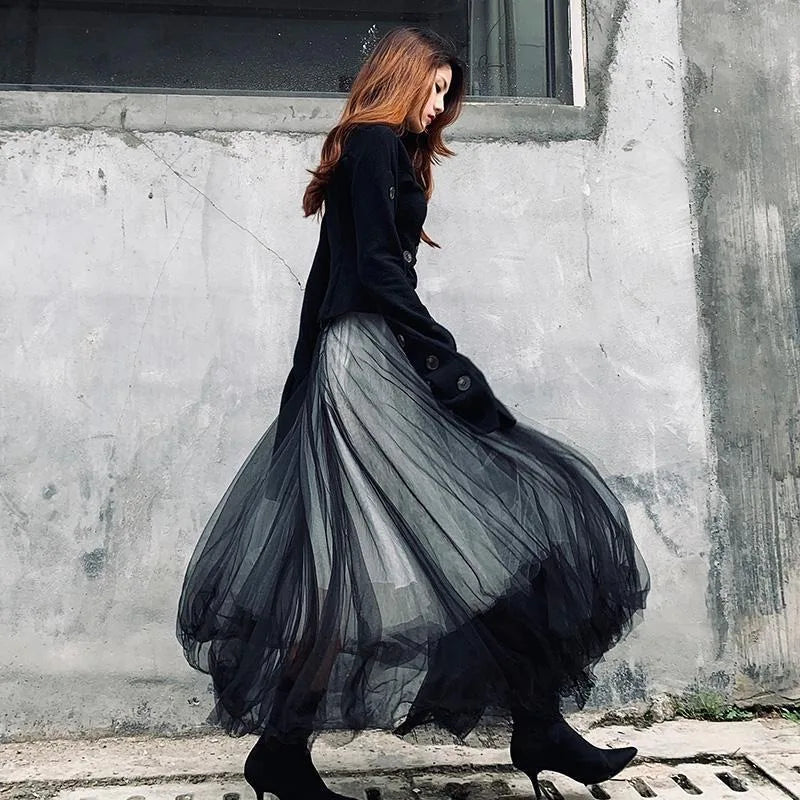 Harajuku Punk Gonne Lunghe per Le Donne Patchwork Garza Chic Jupe 2025 Faldas Mujer De Moda Pizzo Giapponese A-line Gonna Streetwear