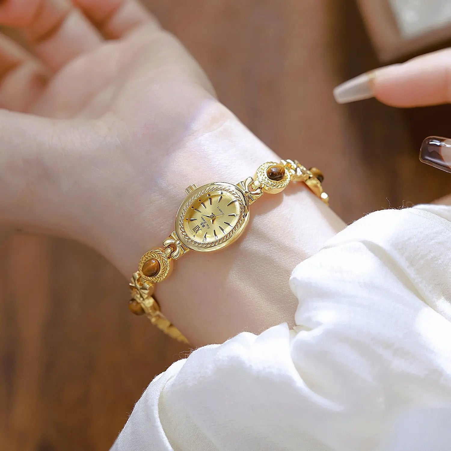 Orologio da donna Bracciale in giada naturale Vintage piccolo quadrante ovale Orologi retrò in oro Orologi da polso al quarzo da donna di marca di lusso Orologio regalo