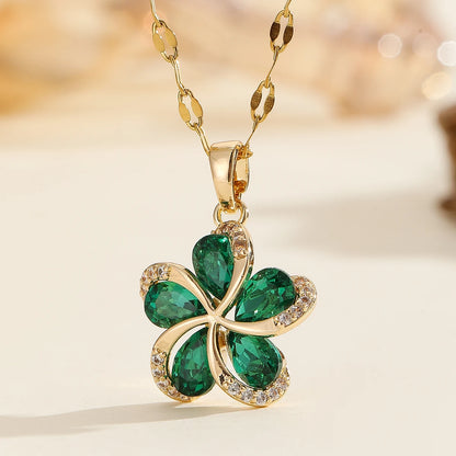 DIEYURO Collana con ciondolo fiori in zircone verde in acciaio inossidabile 316L per le donne Nuovi regali di gioielli di compleanno con catena fortunata per ragazze di lusso