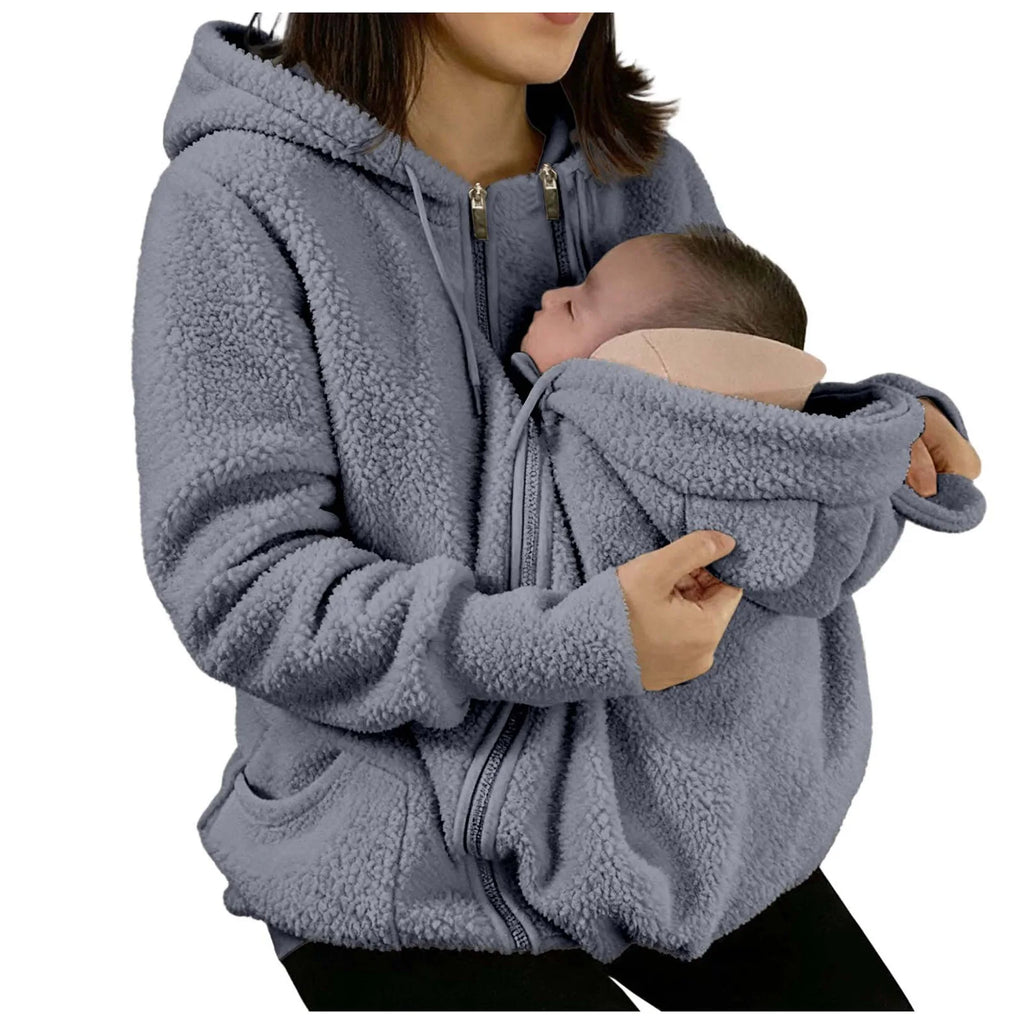 Cappotto con cappuccio in caldo pile 2 in 1 con marsupio Felpa in peluche a maniche lunghe in pelliccia sintetica Giacca con cappuccio per mamma all'aperto Borsa per bambini