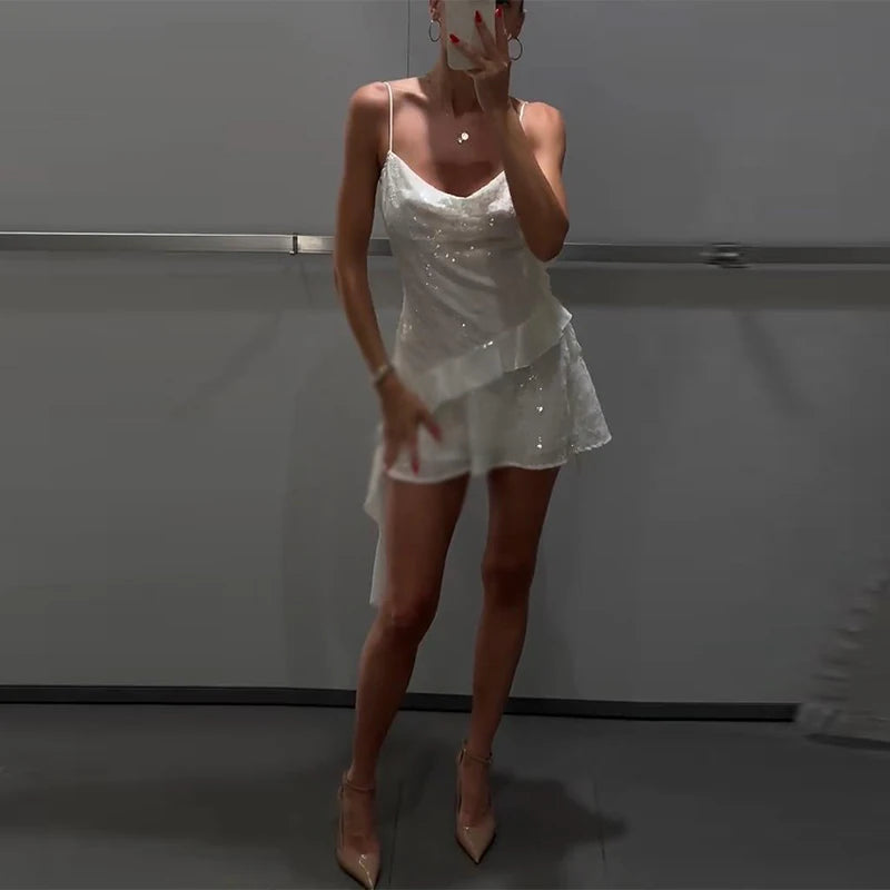 Sexy paillettes volant mini abito fionda donna solido scollo a V senza maniche backless abiti a trapezio 2025 estate signora chic abiti da festa