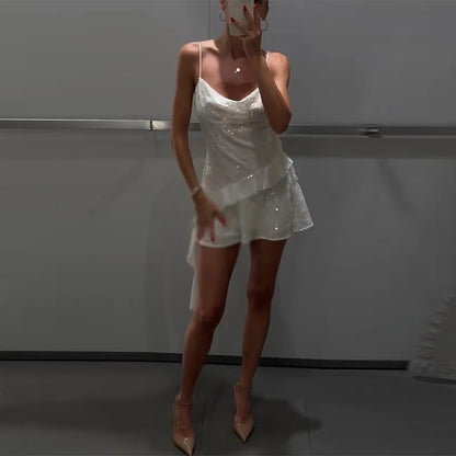 Sexy paillettes volant mini abito fionda donna solido scollo a V senza maniche backless abiti a trapezio 2025 estate signora chic abiti da festa