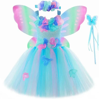 Costumi da fata dei fiori turchese per ragazze Abiti da principessa fata farfalla con ali Bacchetta per bambini Vestito da tutù di carnevale di Halloween
