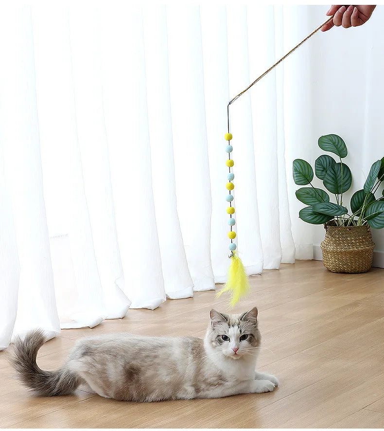 Giocattolo per gatti Pompon Giocattoli per gatti Giocattoli interattivi di piume per gatti Stuzzicare i gatti Giocattolo per gatti durevoli Bastone da gioco Palla di peluche Forniture per animali domestici