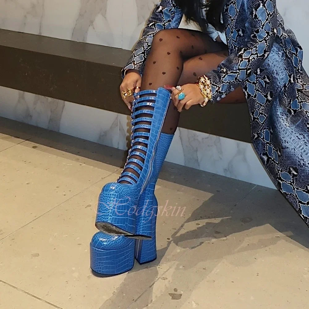 Dark Blue Thick Sole Boots Sandals Round Toe Platform Chunky High Heels Solid Buckles Straps Mid Calf Sexy Women Summer Shoes