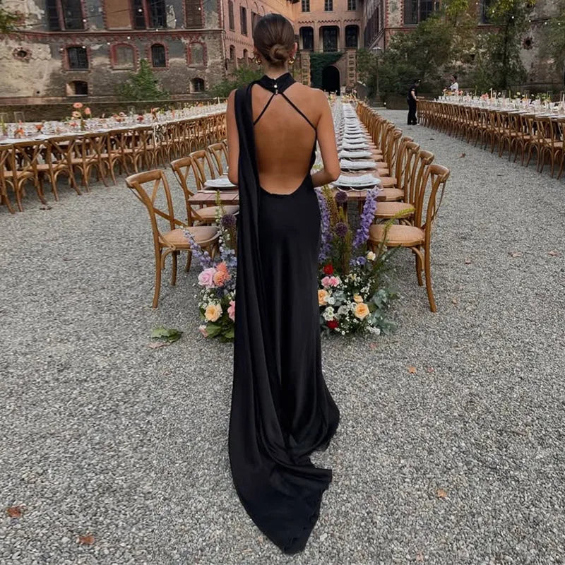 Abito Lungo Sexy Senza Maniche con Nastro, Elegante Vestito da Donna Slim in Raso con Schiena Scoperta e Lacci, Abito da Festa alla Moda 2026, Tinta Unita, per Vacanze, da Donna