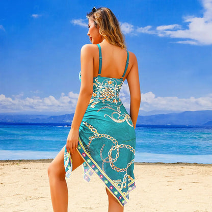 2025 New Underwire Women Sexy Swimsuit 2 Pieces Swimwear Slim Monokini Chains Print Push Up Bikinis Black Blue Green Beachwear