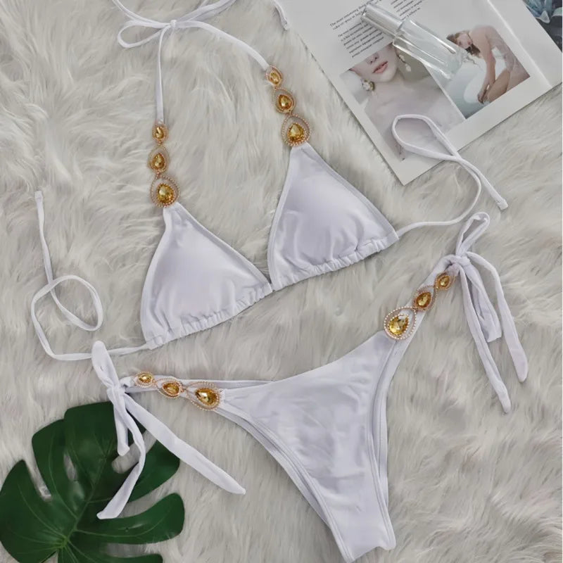 Nero Sexy Bikini 2026 Costume da bagno con strass Donna Costumi da bagno Donna Push Up Bikini Beach Swim Wear Costume da bagno Piscina Bagnante