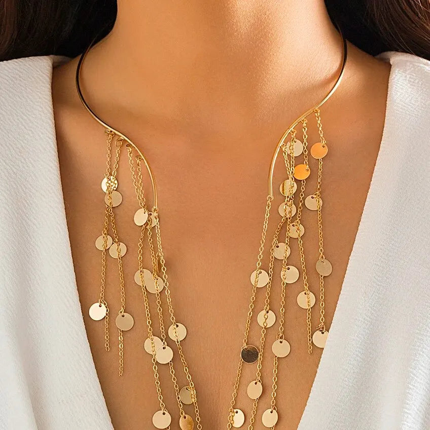 Sexy Goth lungo nappa paillettes imitazione perla ciondolo aperto Torques collana girocollo per le donne Vintage petto catena mer accessori
