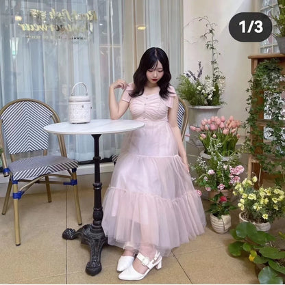 Abiti da donna di nicchia in stile giapponese Primavera Estate Autunno Ragazza Dolce fiocco Abito in rete Lolita Abito lungo con bretelle da fata carina
