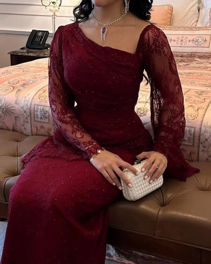 Abito da cerimonia da donna rosso vino tinta unita elegante casual alla moda sottile in pizzo alla caviglia primavera americana europea nuova moda