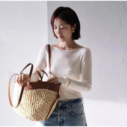 Borsa da donna in paglia intrecciata 2in1 Borsa da ascella in paglia con tracolla regolabile Borsa a tracolla per gnocchi di grande capacità per borsa a secchiello da spiaggia estiva