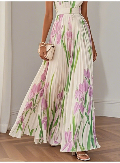 Abito lungo sexy con stampa floreale Donna Estate 2025 Abiti maxi con cinturino senza maniche alla moda eleganti