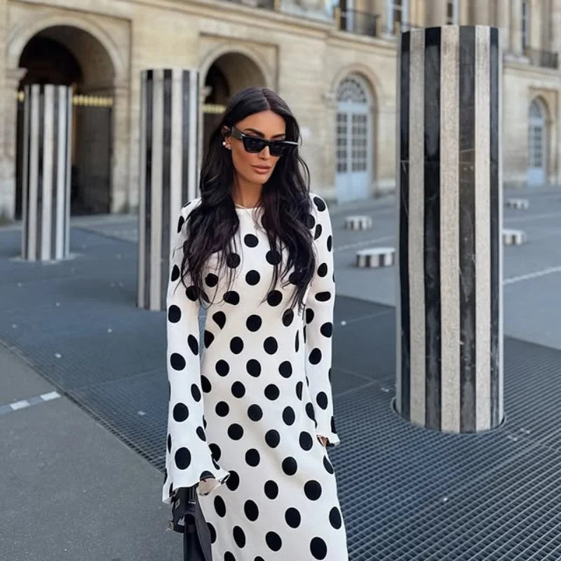 Abito a pois alla moda da donna, slim, a maniche lunghe, girocollo, a vita alta, lungo fino al pavimento, Nuova Collezione Primavera Estate 2026, Stile Bohemien