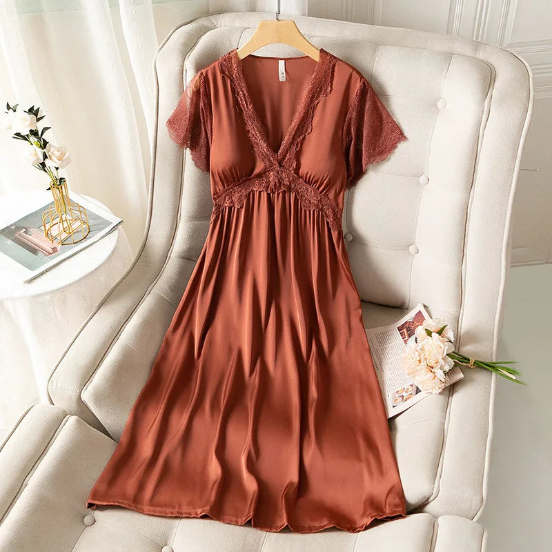 Fdfklak camicia da notte estiva da donna a maniche corte sottile in raso di seta Sexy nuova camicia da notte da notte da notte da donna in pizzo principessa