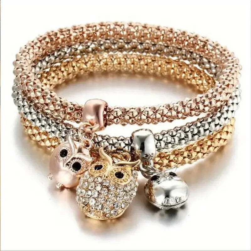 Set da 3 pezzi con lucchetto a forma di cuore, chiave, segno musicale, braccialetto con ciondoli, gufo, placcatura in oro rosa, catena color argento, set di gioielli con bracciale con ciondolo Owm