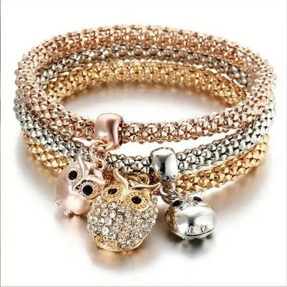 Set da 3 pezzi con lucchetto a forma di cuore, chiave, segno musicale, braccialetto con ciondoli, gufo, placcatura in oro rosa, catena color argento, set di gioielli con bracciale con ciondolo Owm