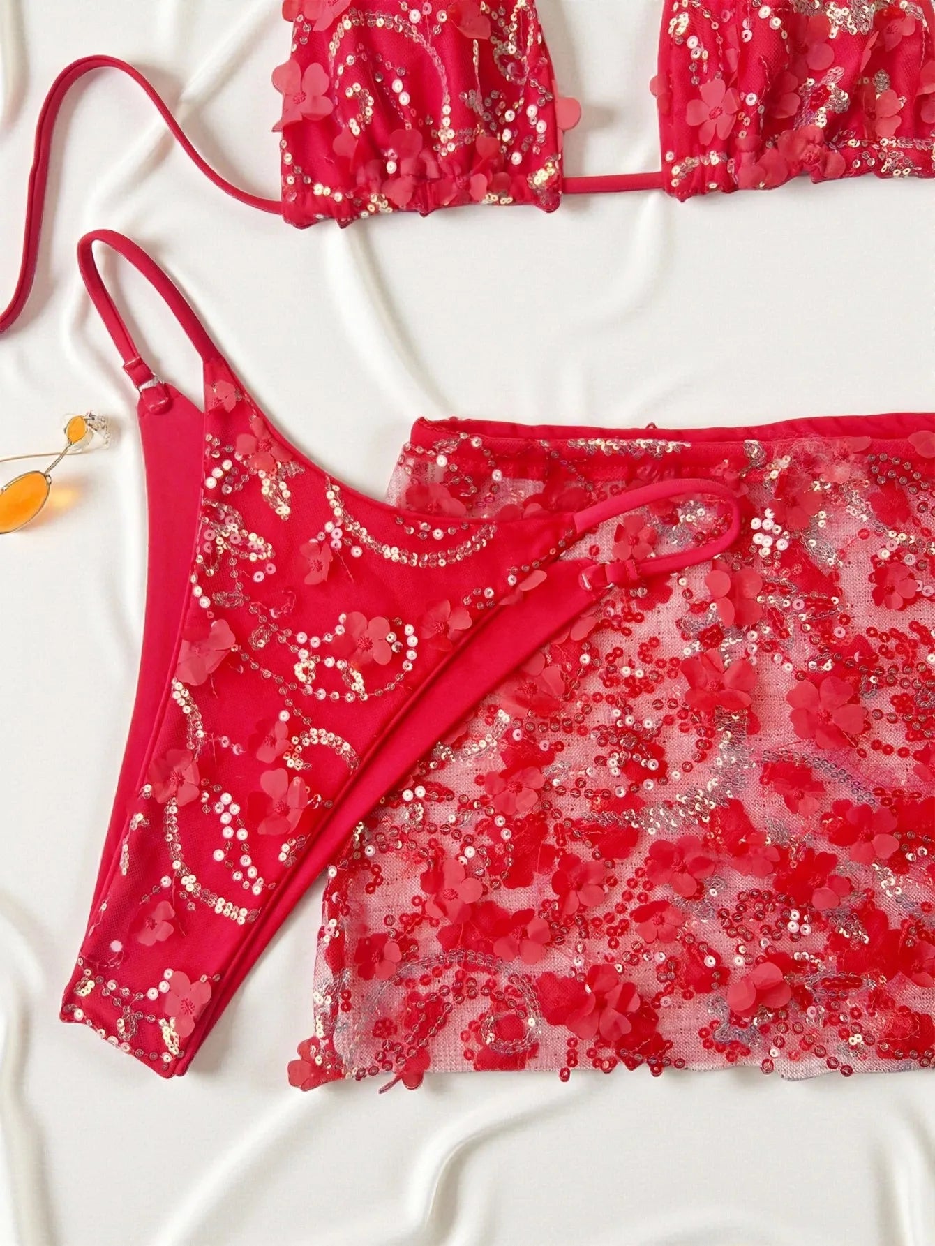 Costume da bagno a 3 pezzi con gonna in rete rosa con paillettes, reggiseno push-up e perizoma, stile brasiliano, per donna, ideale per le vacanze.