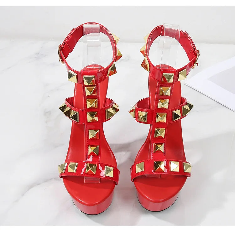 New Rivet Designer High Heels 2025 Fashion Thick Platform Club Women Pumps Sexy Summer Models Sandals White Black Red Woman Shoe