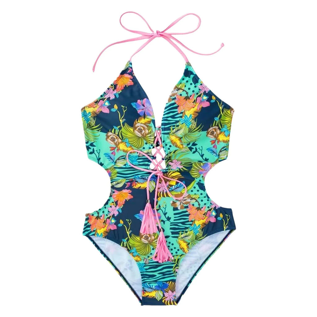 Women'S One-Piece Swimsuit With Crossed Ropes Tassels Chest Waist Cinching Swimwear Suits Backless Buckle Bikini For Women