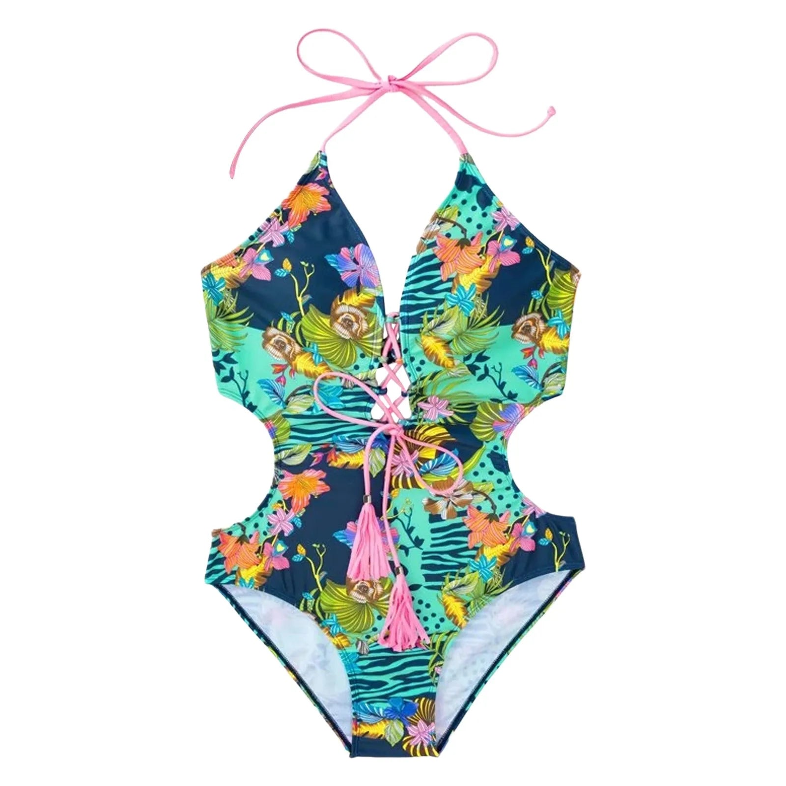Women'S One-Piece Swimsuit With Crossed Ropes Tassels Chest Waist Cinching Swimwear Suits Backless Buckle Bikini For Women