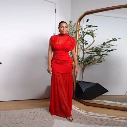 Maglia sexy vedere attraverso lungo abito rosso senza maniche piega patchwork a-line maxi abiti da festa femminile 2025 estate signora abiti slim