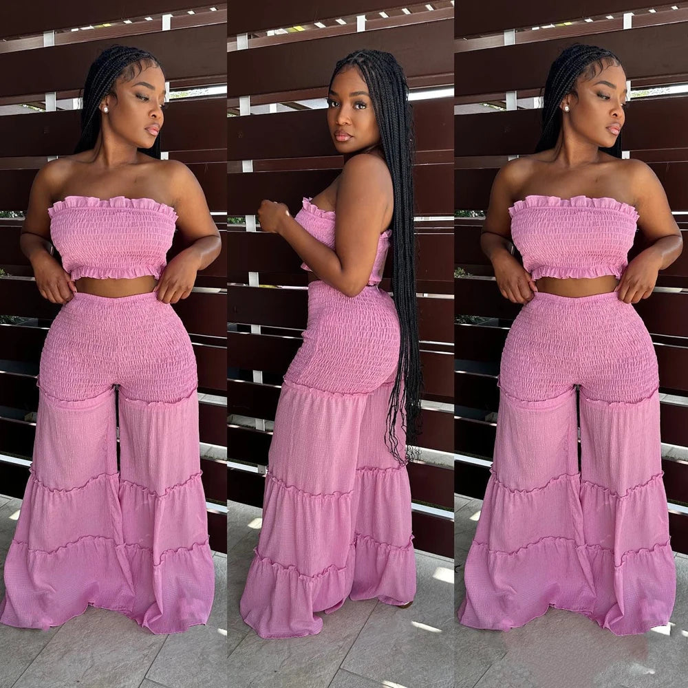 Damen Sommer Sexy Outfits 2-teiliges Boho-Hosen-Set, gerüscht, zweiteilig, Damen trägerloses Crop Tube Top und weite Hose