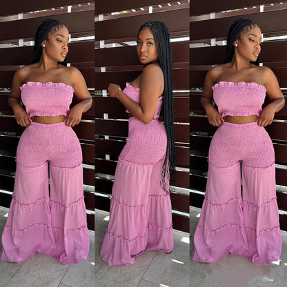 Damen Sommer Sexy Outfits 2-teiliges Boho-Hosen-Set, gerüscht, zweiteilig, Damen trägerloses Crop Tube Top und weite Hose
