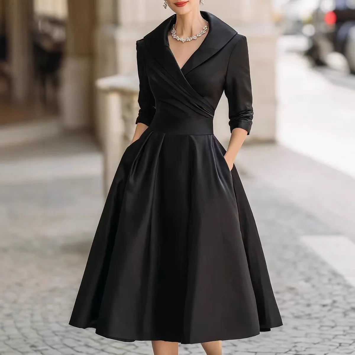 Office Lady Slim A-Line Dress Donna 2025 Autunno Inverno Moda Manica lunga Colletto rovesciato Abiti maxi Abiti eleganti