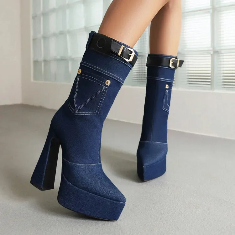 Denim Short Plush Boots Thick Bottom 15cm High Heel Pointed Elastic Size 34-45 Short Boots 2024 New Winter Women's Shoes