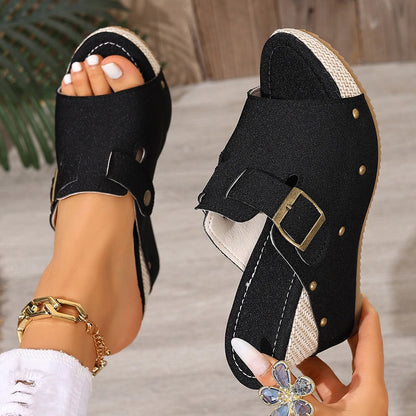 Sandali Estivi da Donna di Tendenza, Scarpe con Zeppa Retrò a Punta Aperta, Sandali Romani con Piattaforma, Scarpe Casual di Lusso Firmate