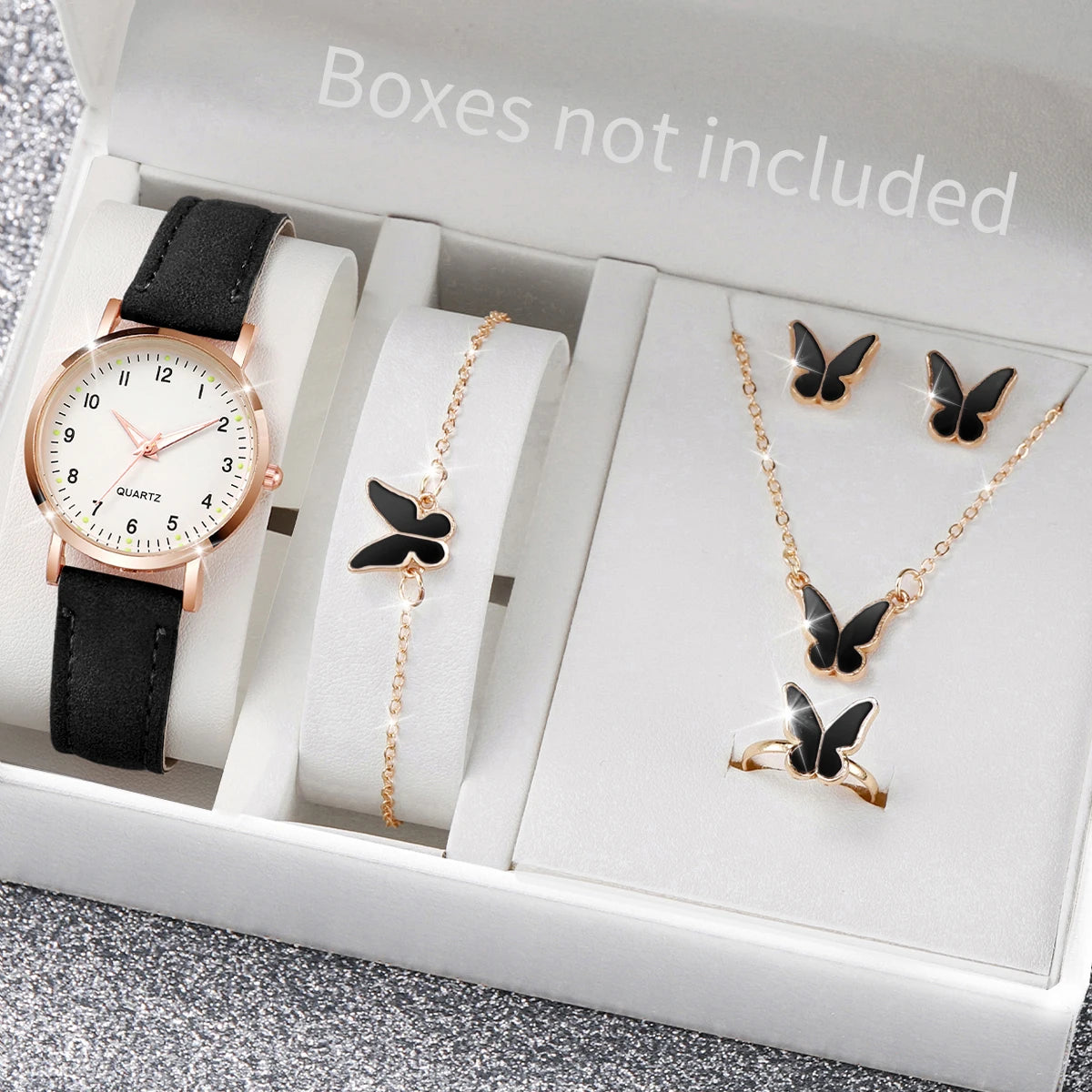 6 pezzi orologio da donna moda quadrante arabo cinturino in pelle orologi al quarzo set di gioielli a farfalla (senza scatola)