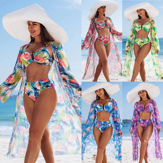 Sexy High-end Women's Swimsuit Bikini Three Piece Set with Multi-color Printed Women's Swimsuit