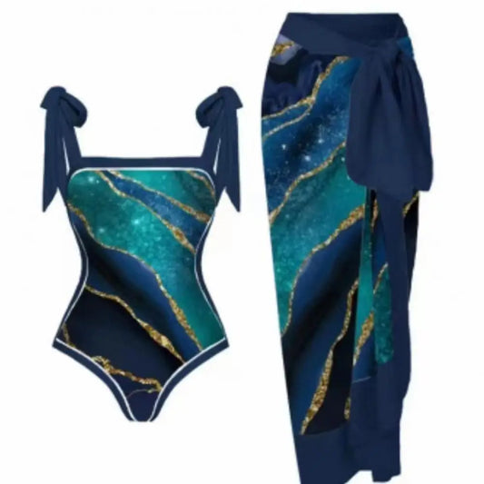 2 pezzi/set costume monokini da donna stampa vintage costume intero con cravatta al collo quadrato con gonna costume da bagno da donna con copertura da spiaggia