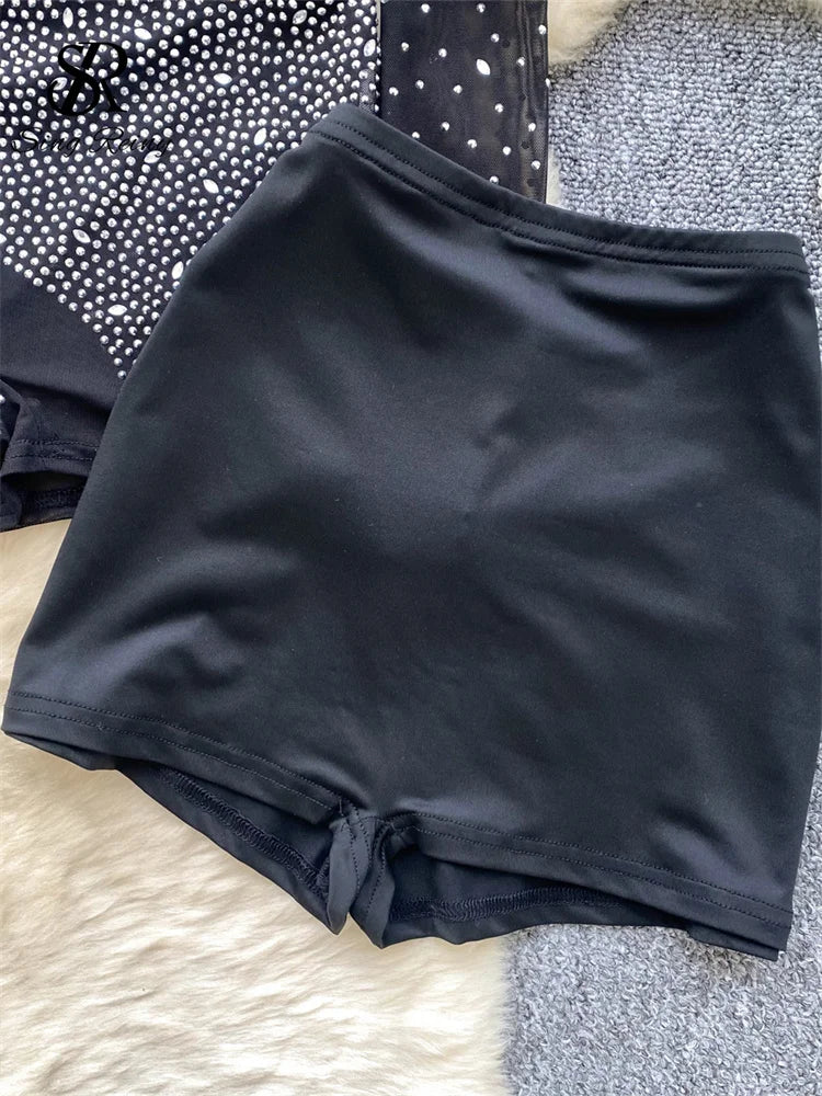 SINGREINY Estate Sottile Sheer Sexy Body Manica Lunga Cerniera Con Pantaloncini Design Pagliaccetti Liste Streetwear Donna Maglia Tute
