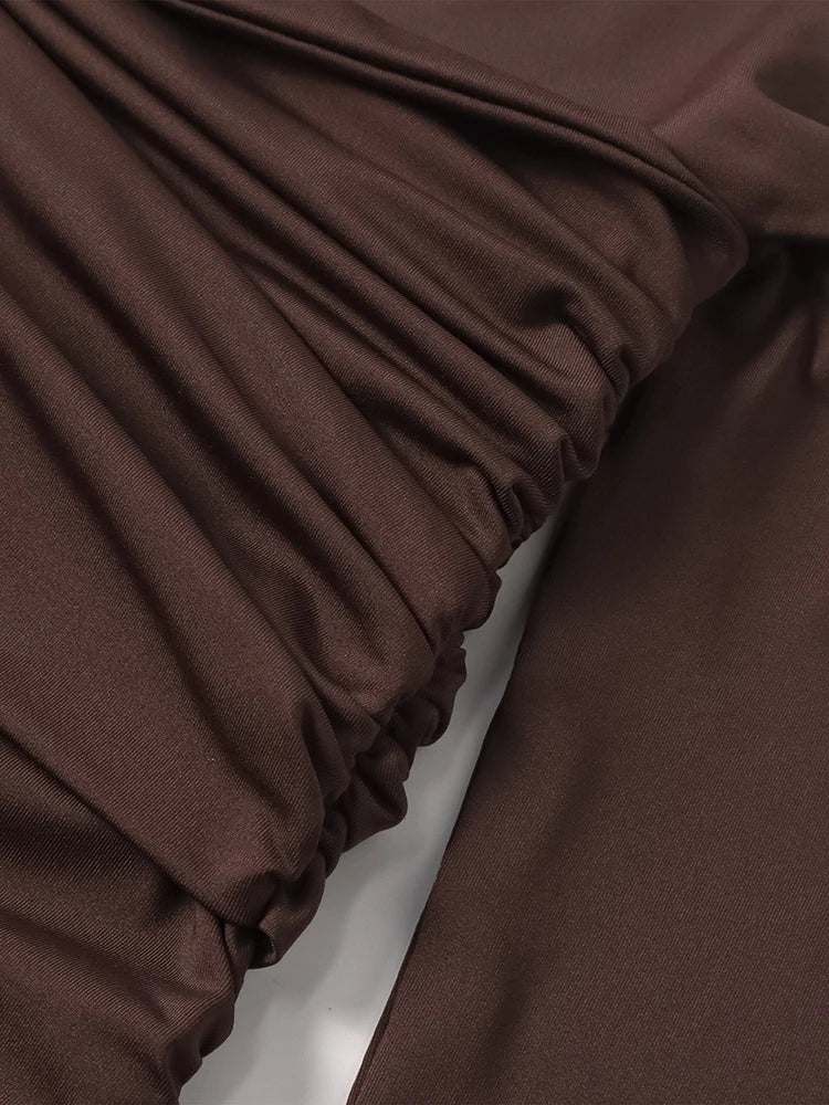 NewAsia Abito lungo da donna a maniche lunghe con collo asimmetrico e monospalla increspato aderente Fashion Club Party Maxi abiti Marrone Autunno