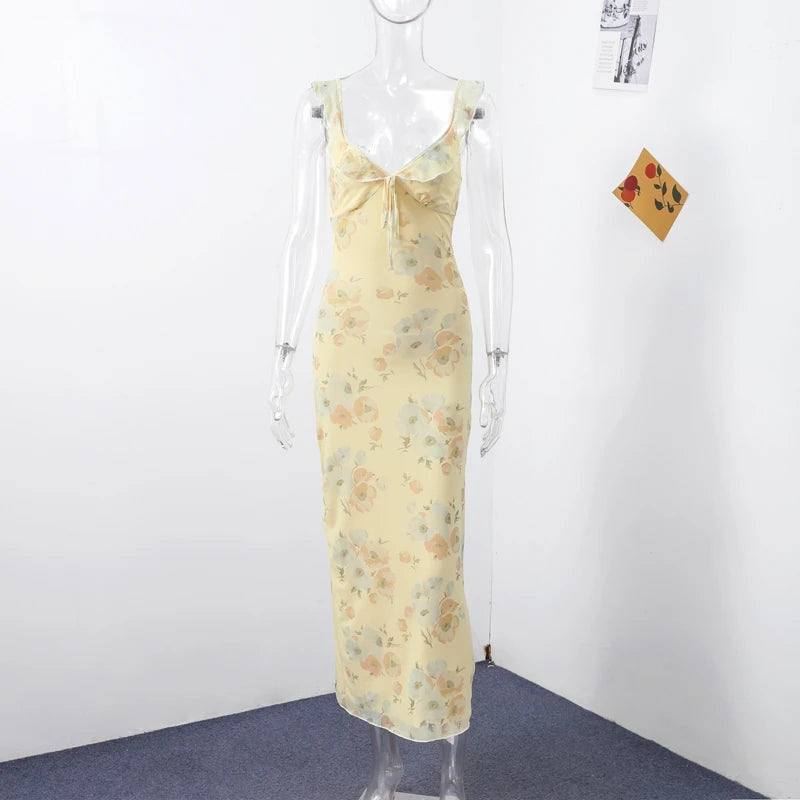 Abito da spiaggia con volant con stampa floreale Abito da donna elegante senza maniche senza schienale scollato con lacci Abiti lunghi 2025 Abito estivo da donna nuova
