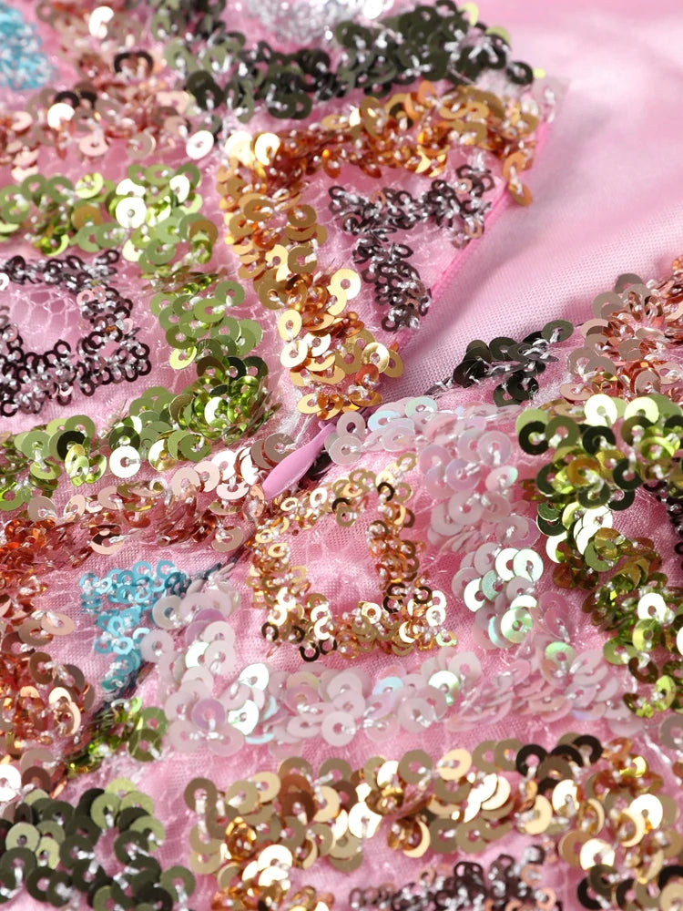 Abito con scollo all'americana con fiori 3D con paillettes Profondo scollo a V Glitter Abiti da festa spaccati scollati sexy Abiti lunghi da spiaggia lavorati a maglia slim fit estivi